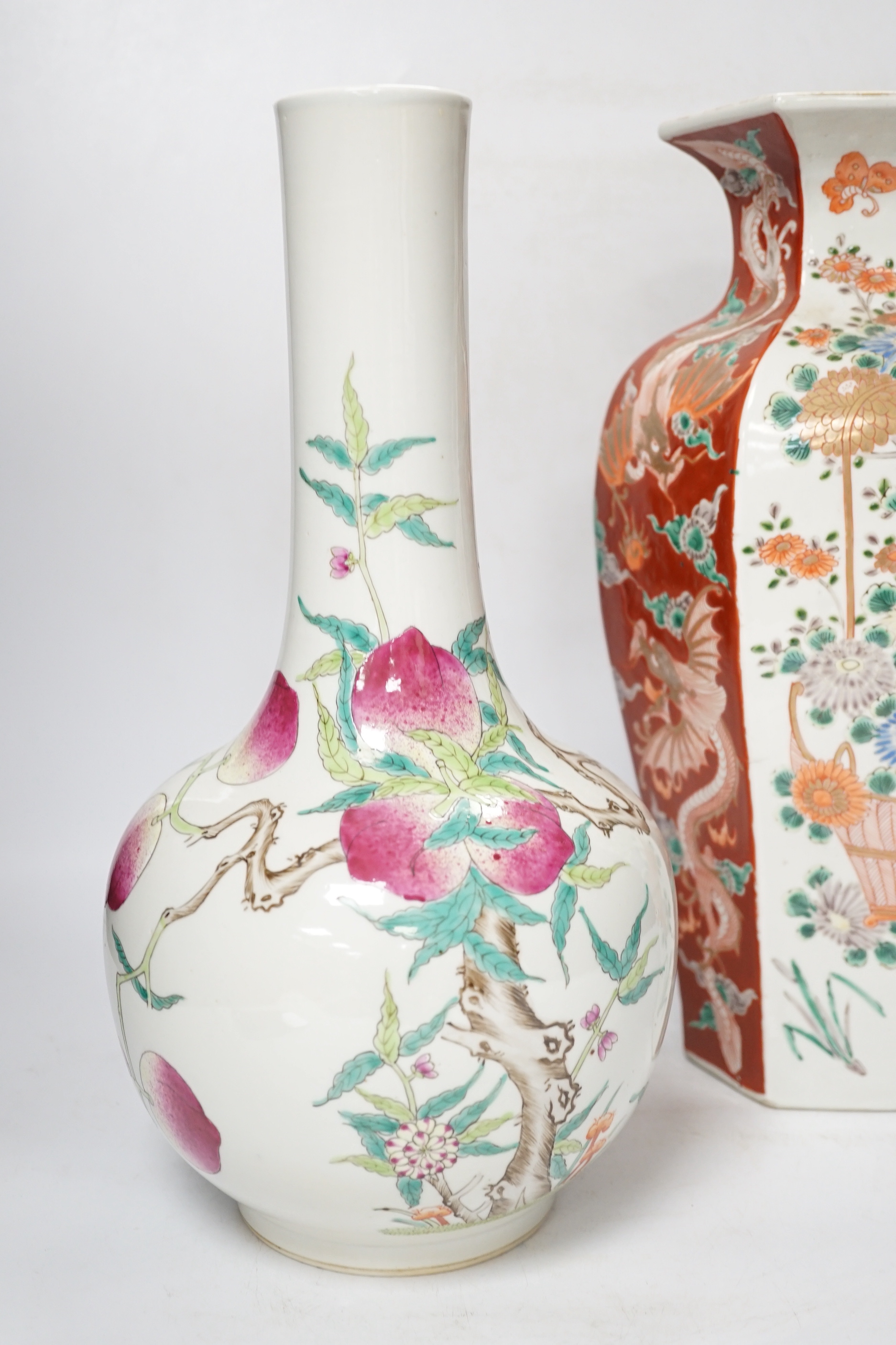 A Chinese peach-decorated vase and a Chinese hexagonal vase, latter 36cm
